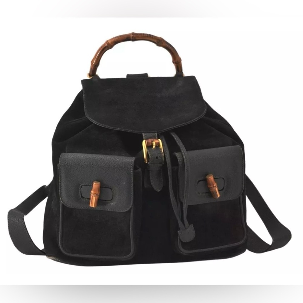 Gucci Black Suede Backpack with Bamboo Top Handle
